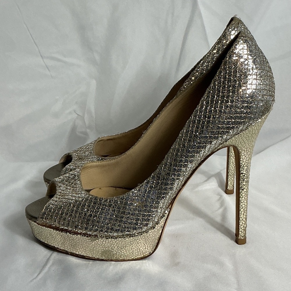 Jimmy Choo Champagne Gold Glitter Peep Toe Platform Pumps Heels Size 38 - Picture 10 of 11